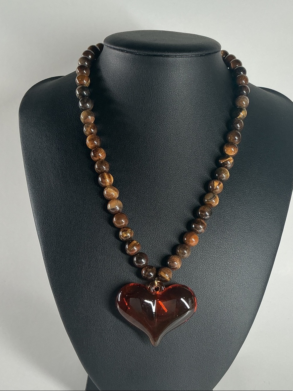 Brown Beaded Necklace with Amber Heart Pendant